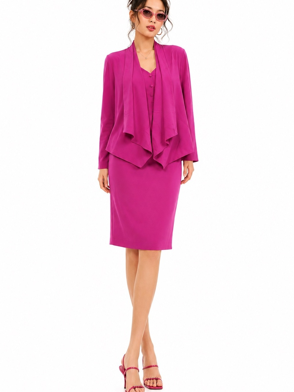 Vintage Daymor Couture fuchsia skirt suit preppy office Barbie 10 drape Y2K vest